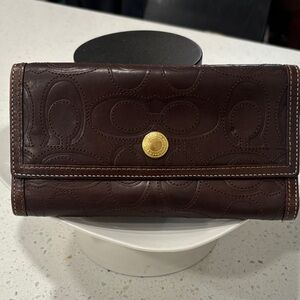 Coach Dark Brown Embossed Signature Leather Wallet with Gold Snap